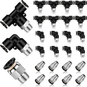 24 Pcs Push to Connect Tube Fittings 1/4 Inch Tube OD x 1/8 Inch NPT Pneumatic Fittings Kit Male Straight Push Quick Release Connectors Air Connectors, 8 Straight, 8 Elbow, 8 Brunch Tee