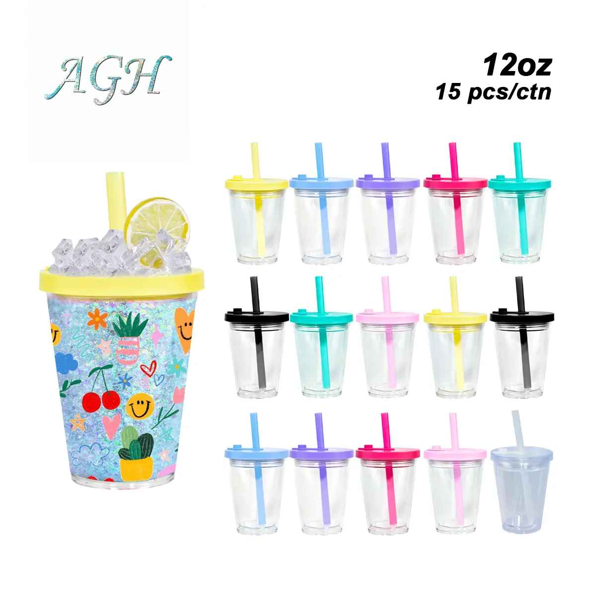 AGH US 12 oz Leak-Proof Snow Globe Double Wall Plastic Tumbler Cups with Mixed Color Lids & Bubble Tea Straws for Custom DIY 15pcs/carton