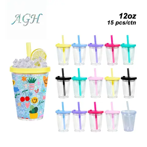 AGH US 12 oz Leak-Proof Snow Globe Double Wall Plastic Tumbler Cups with Mixed Color Lids & Bubble Tea Straws for Custom DIY 15pcs/carton