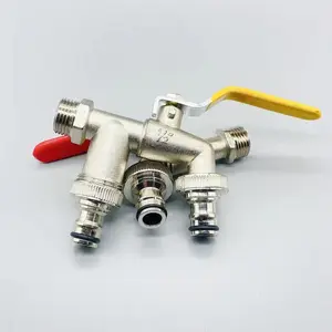 Dual Outlet Faucet, Outdoor Garden Faucet, Anti-freeze Zinc Alloy Faucet with Red and Yellow Handles, T-shaped Valve for Connecting Hoses