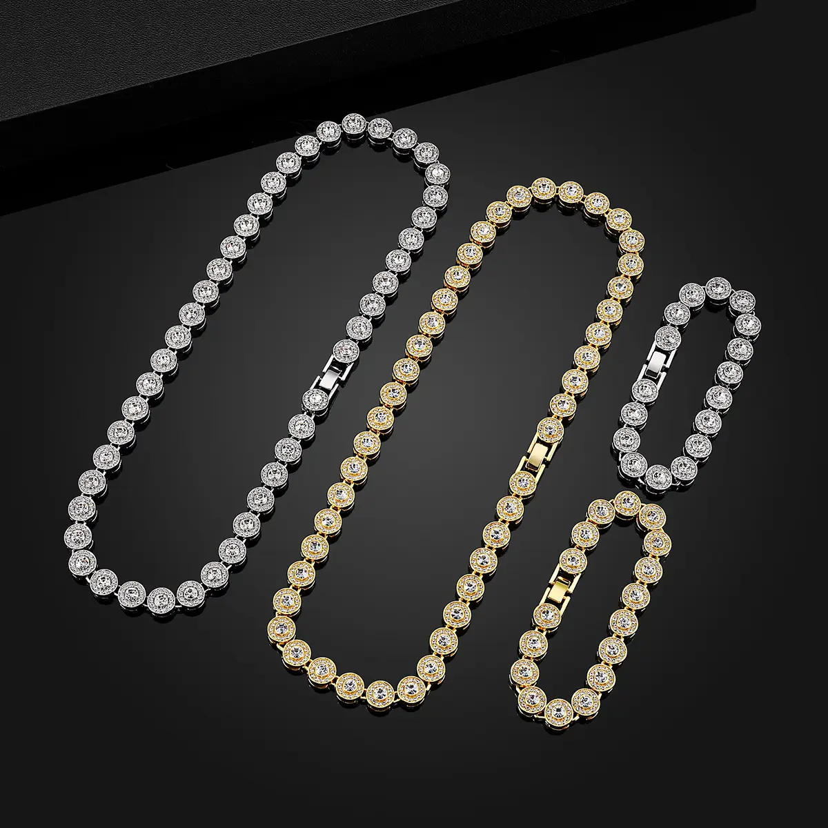 Unisex 2PCS Luxurious Round Cuban Chain Necklace & Bracelet Set - Hypoallergenic Bling Style Cubic Zirconia Jewelry, Party & Holiday Wear Accessories, Birthday Gift, Cubanchain, Necklaces Set, Hypoallergenic Fit, Unisex Hip Hop Fit