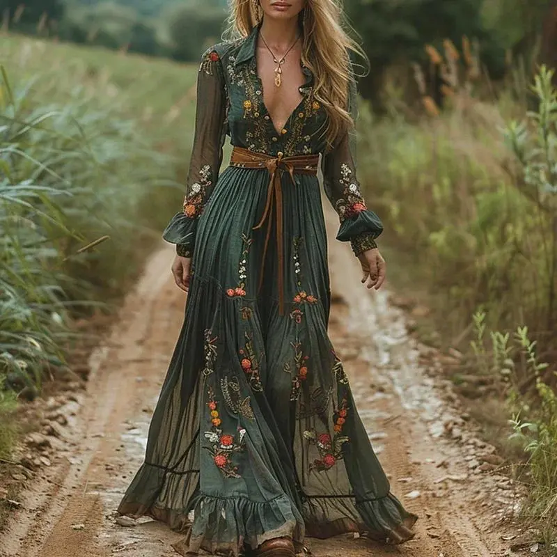 Vintage Floral Print Deep V Fashion High Waist Party Maxi Dress Autumn Women's Ethnic Lady Chic Bohemian Dresses  New Casual Womenswear prom dress summer outfits women's dresses Formal Fitted 01Dark Brown No Belt Boho Long Sleeve