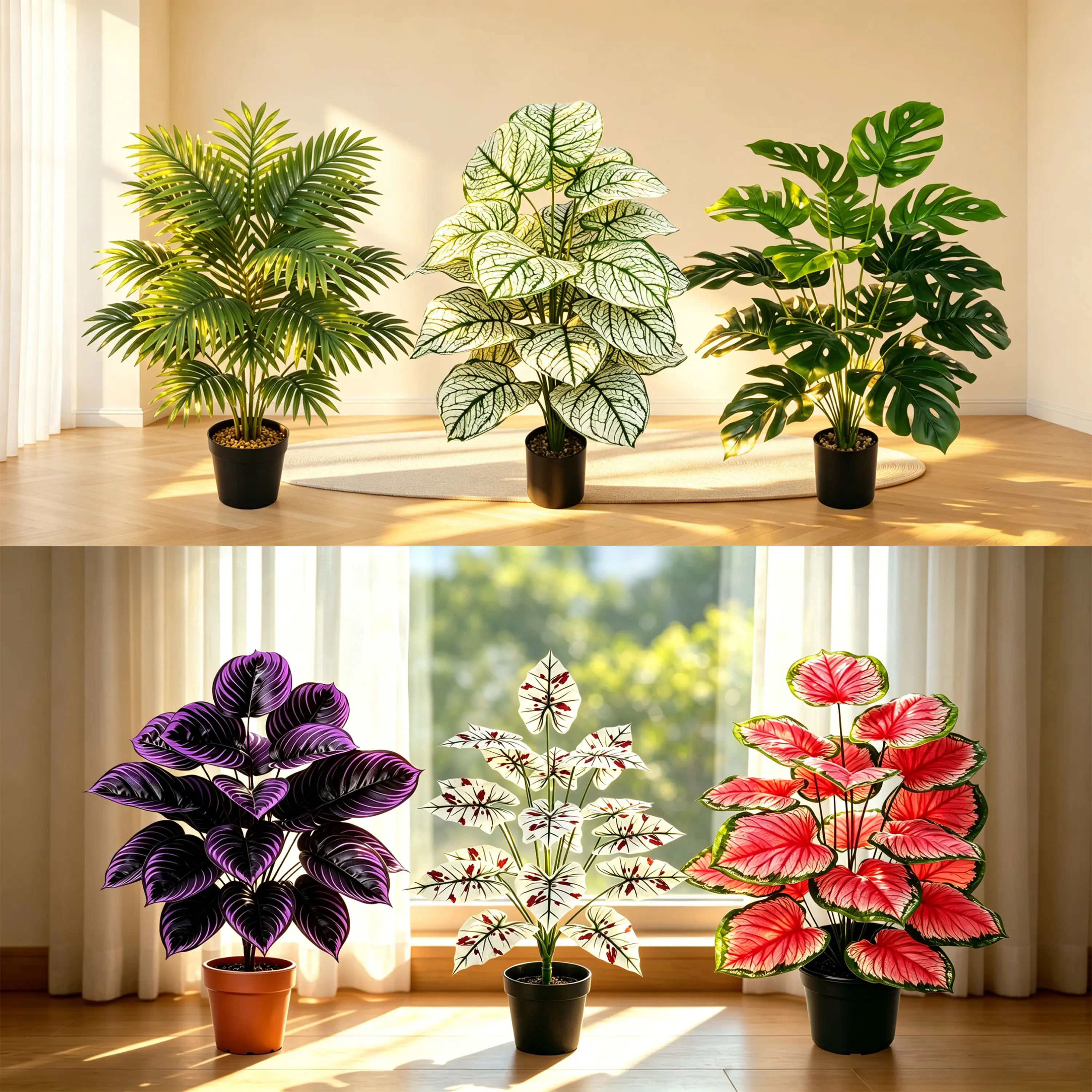 Artificial Plants Set of 6, Fan Palm Plant, White Taro Plant, Monstera Plant, Purple Hosta Plant, White Red Taro Plant, Pink Taro Plant 18 Heads 29.5in | No Maintenance Decorative Palm Leaves for Home Office Indoor Outdoor Decor