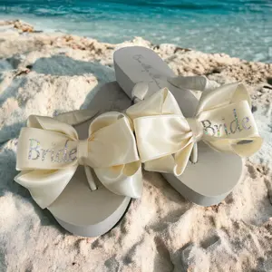 Ivory Bridal Bow Flip Flops on Low 1.25 Inch Heel for Wedding Shoes  Sandal Footwear Women