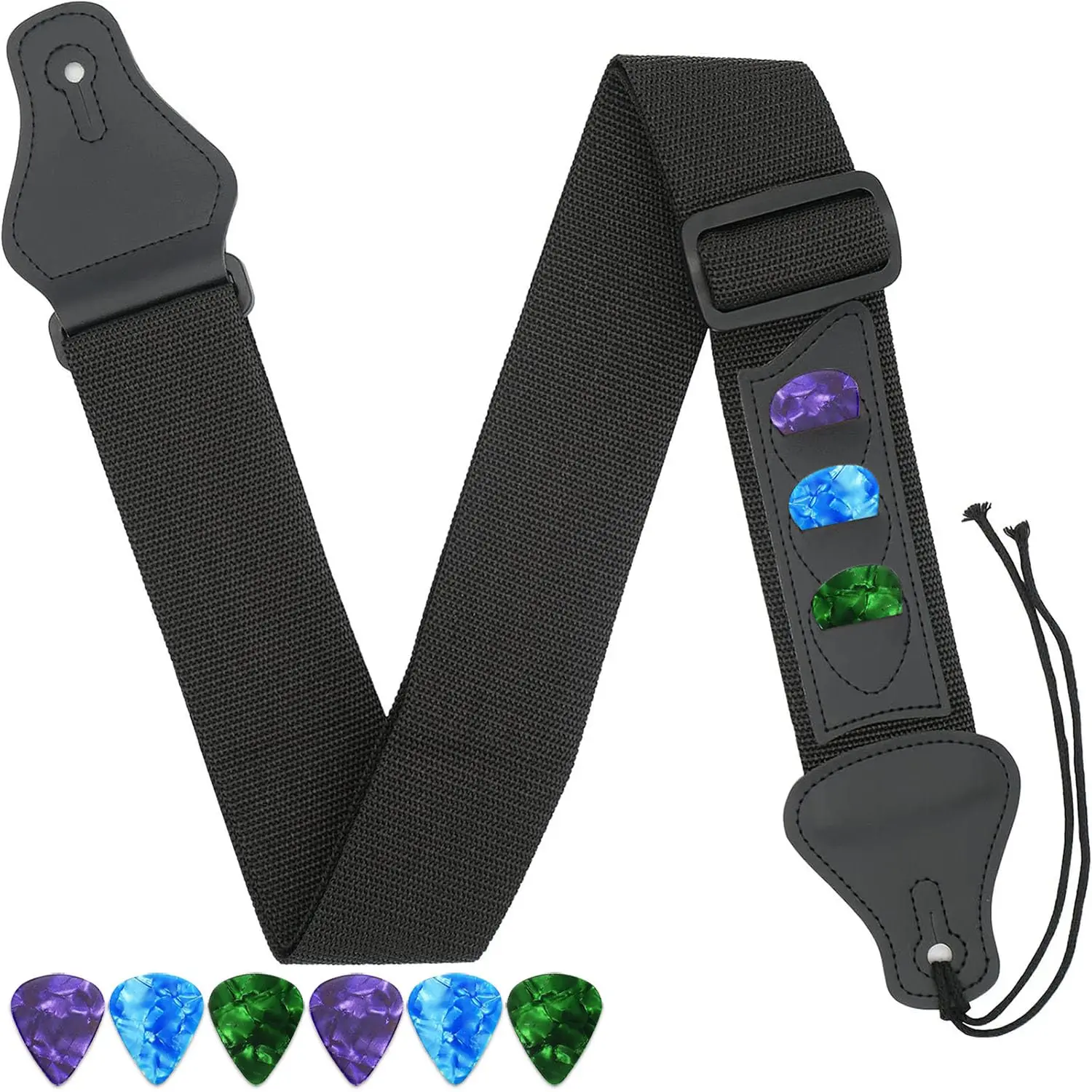 Black Guitar Strap with 3 Pick Storage Slots, 6 Free Guitar Picks Included, Easy Mount Guitar Accessory