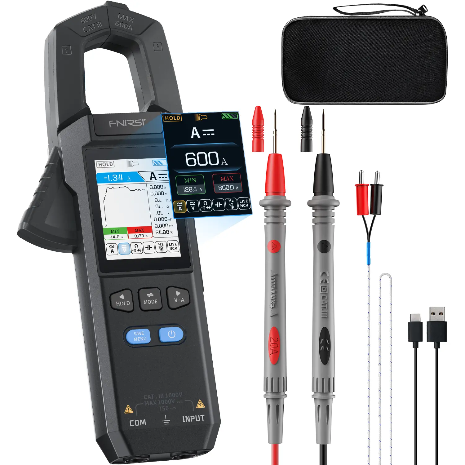 FNIRSI DMC-100 DC AC Current Voltage Clamp Meter Multimeter USB Charger 10000 Counts 600A Amperimetric Clamp Tester NCV Electrician Tools