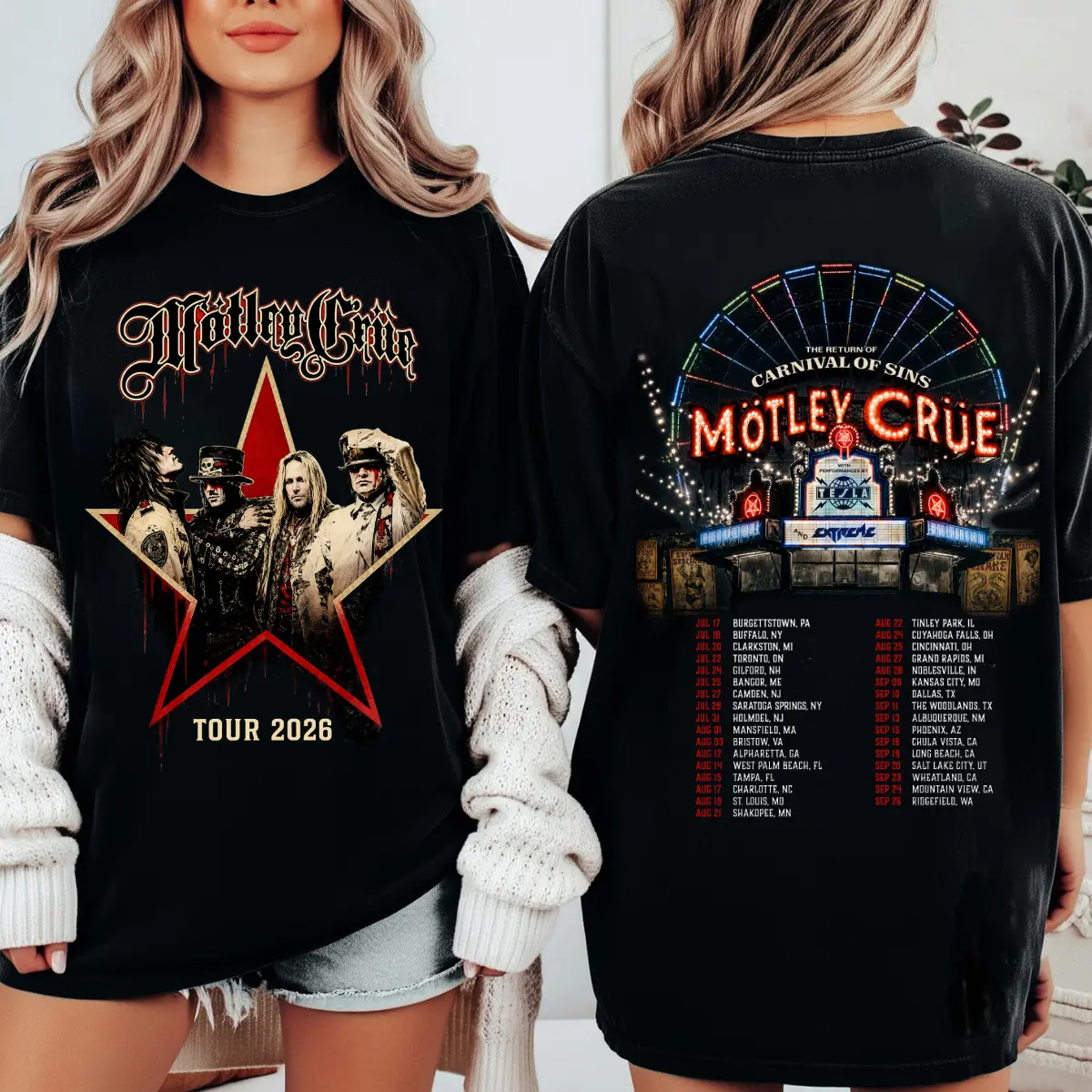 Montley Crue Tour 2026 Shirt, Carnival Of Sins Graphic Tee, Double Sided Rock Band T-Shirt, Vintage Heavy Metal Concert Tee, Unisex Fan Gift