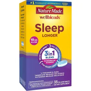 Nature Made Wellblends Sleep Longer, Melatonin 10mg, L theanine 100 mg, and GABA 100mg, Sleep Supplement, 35 Tri-Layer Tablets