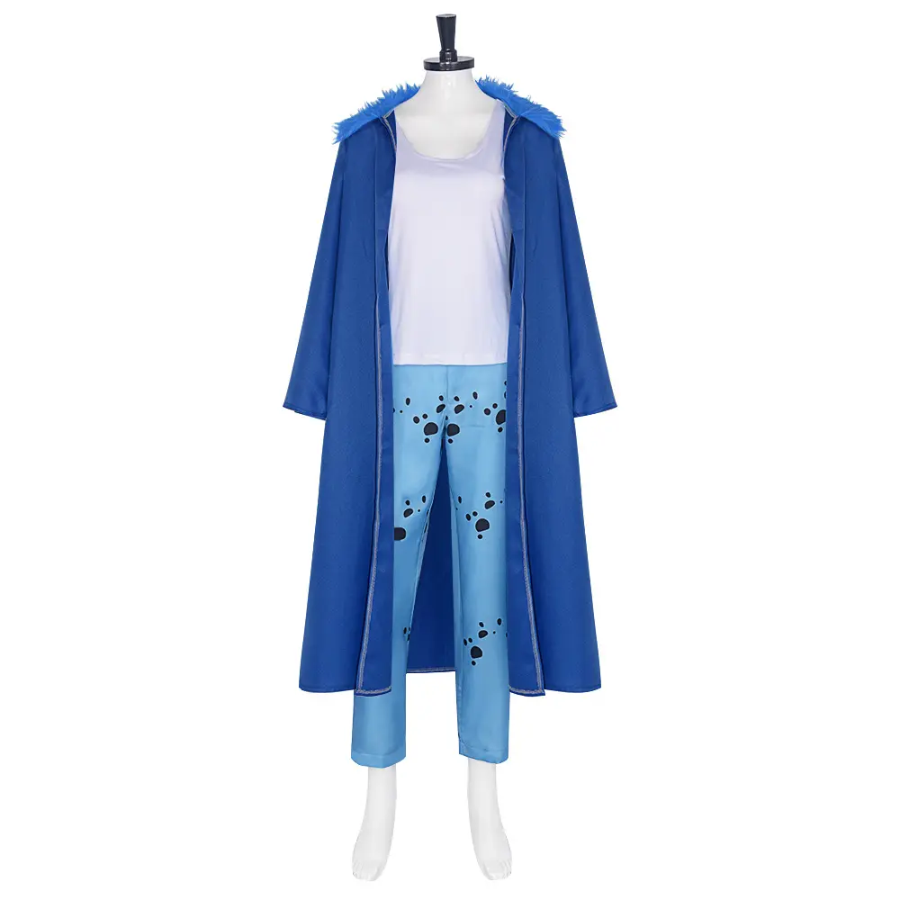Trafalgar Law Cosplay Costume for Women Blue Fur Collar Coat Vest Spotted Pants