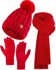 3PC Womens Winter Cable Knit Beanie Scarf and Gloves Set, Soft Fleece Lined Pom Pom Hat with Cozy Long Scarf and Touchscreen Gloves