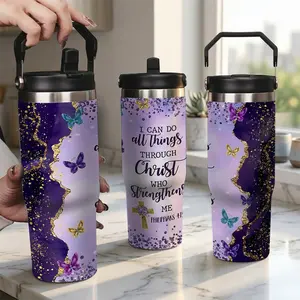 Christian Tumbler with Lid and Straw, I Can Do All Things Through Christ Who Strengthens Me, Philippians 4:13 Bible Verse Gift, Purple Marble Butterfly Insulated Stainless Steel Coffee Cup