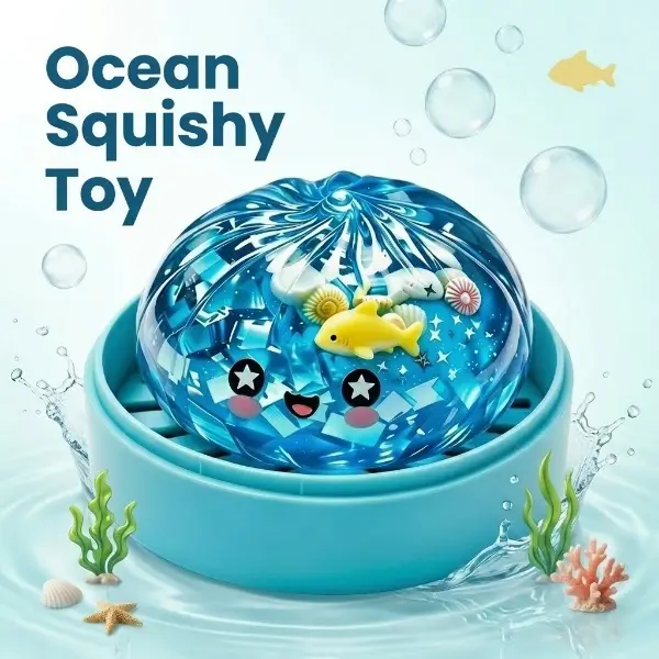 Ocean Jellyfish Squishy Stress Relief Toy, Blue Transparent Gel Squeeze Ball with Mini Sea Animals, Soft Slow Rising Sensory Fidget Toy for Kids and Adults, Kawaii Desk Toy, Travel Calm Toy, Party Favor, Birthday Gift, Classroom Prize squshy