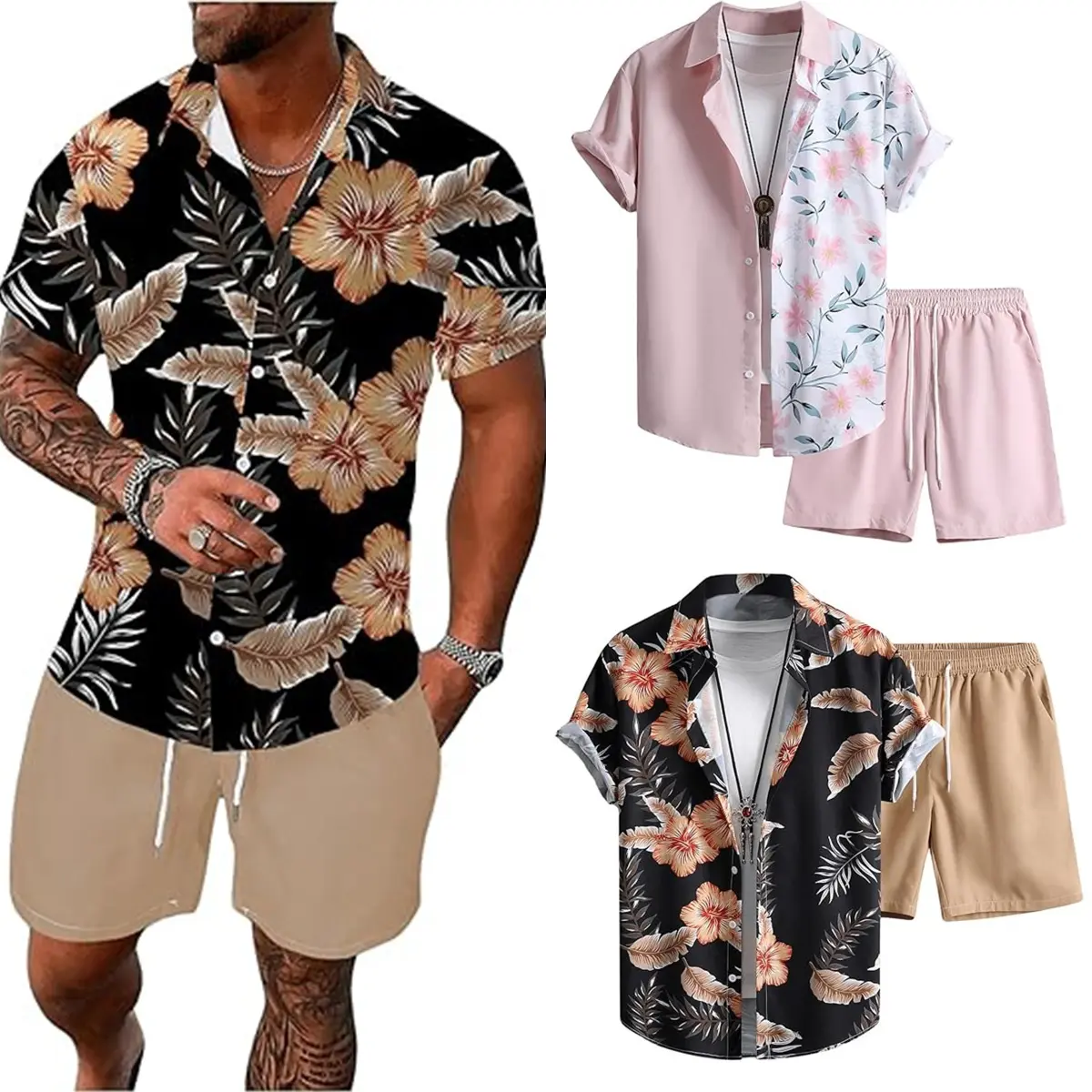 Men Hawaiian Palm Tree Matching Set Short Sleeve Button Down Shirt Drawstring Shorts Tropical Beach Vacation Outfit Coconut Tree Summer Casual Resort Wear Clothing Set Available 2XS Through 6XL