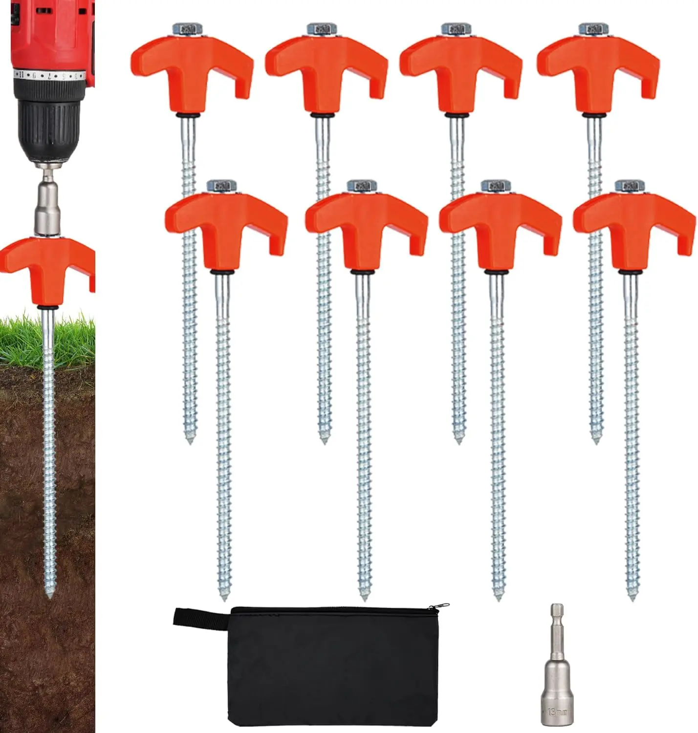 8Pcs 8-Inch Heavy-Duty Screw-In Metal Tent Stakes with Hex Head Driver, Camping & Hiking Equipment, Outdoor Tent Accessories, Tent Stake