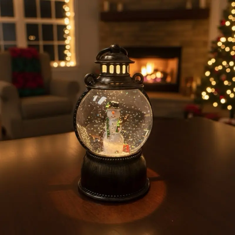 Snowman Snow Globe Lantern with Illuminated Base and Glittering Snow Effect for Festive Home Decor