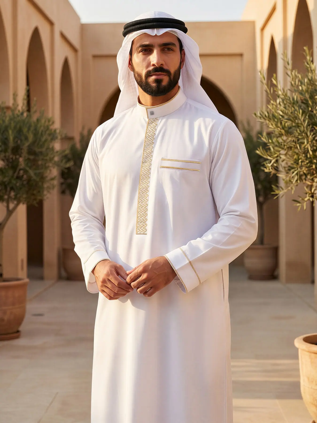 Islamic Traditional Men's Long Robe, Islamic Thobe, Modest Muslim Thobe, Modesty Thobe, Saudi Thobe, Arabic Thobe, for Men, Blue Stand Collar Geometric Embroidery, Loose-Fit, All Seasons, Gift Idea