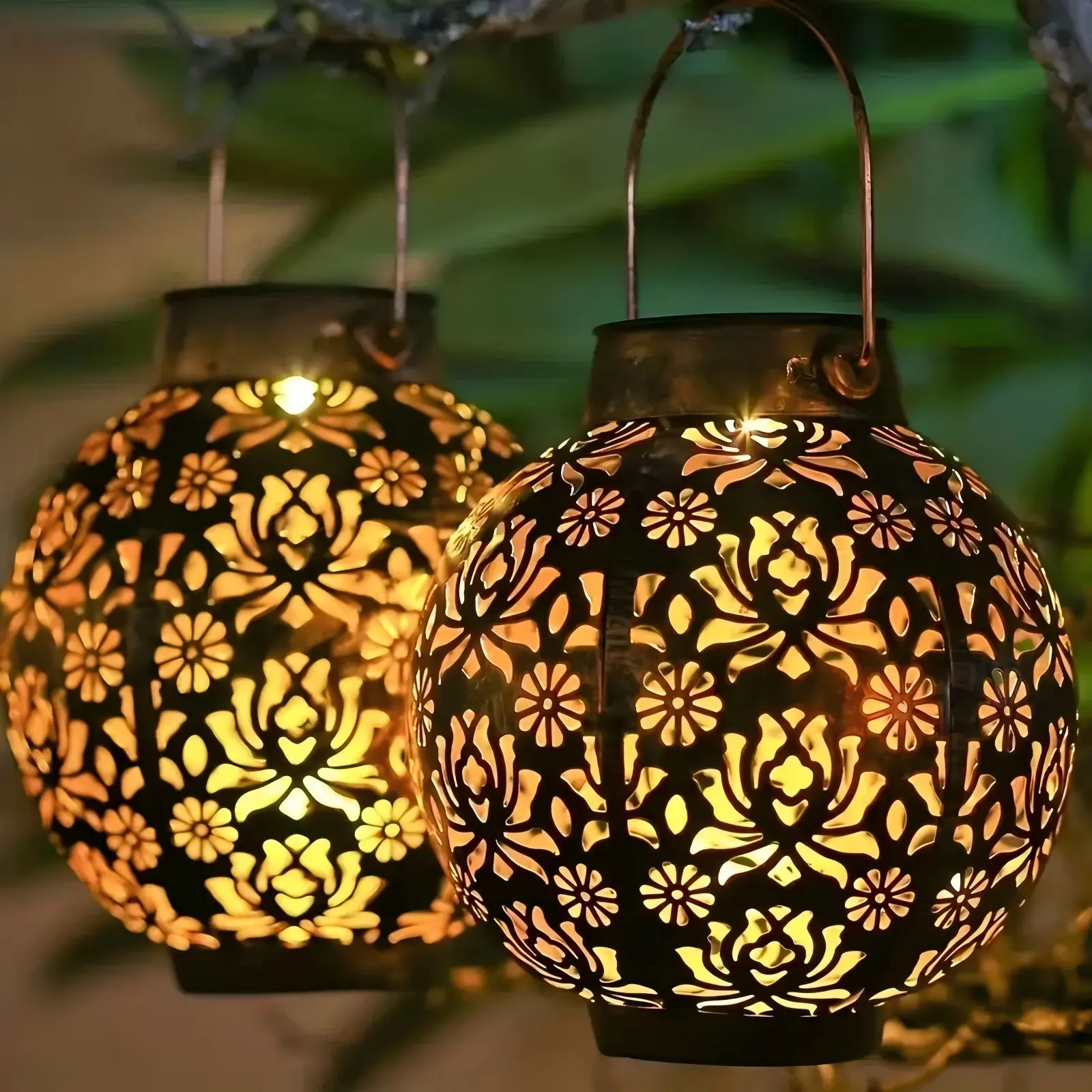 2-Pack Solar Powered Metal Hanging Lanterns with Floral Cutouts & Built-In Cells, Warm Glow Outdoor Decor for Garden, Patio