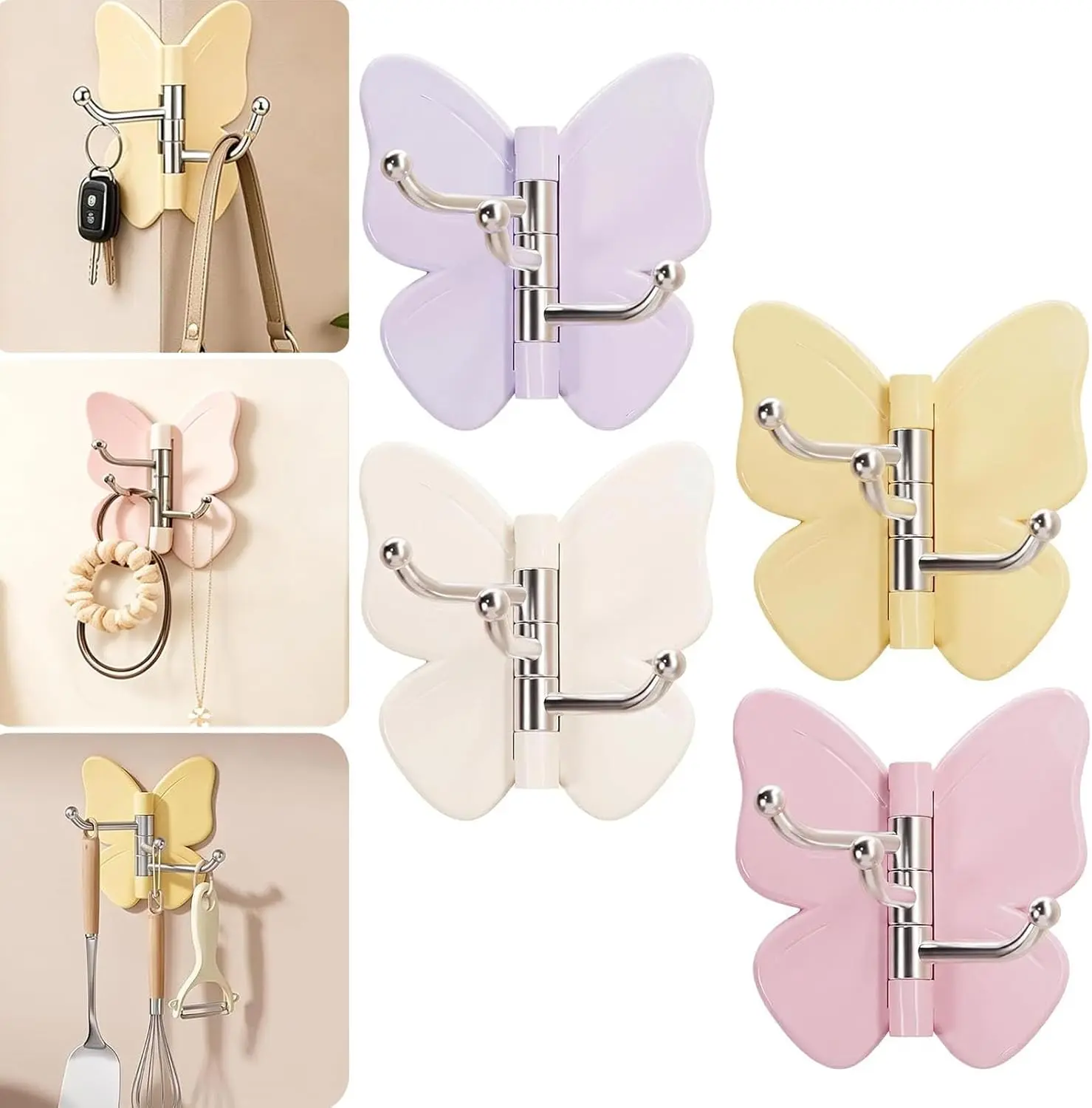 4-Pcs 4-Color Minimalist ABS Plastic Round Butterfly Swiveling Triple Hooks - Strong Adhesive, No-Drill Wall-Mounted Home Organizer Hangers for Hanging Keys, Jewelry, Kitchen & Room Use