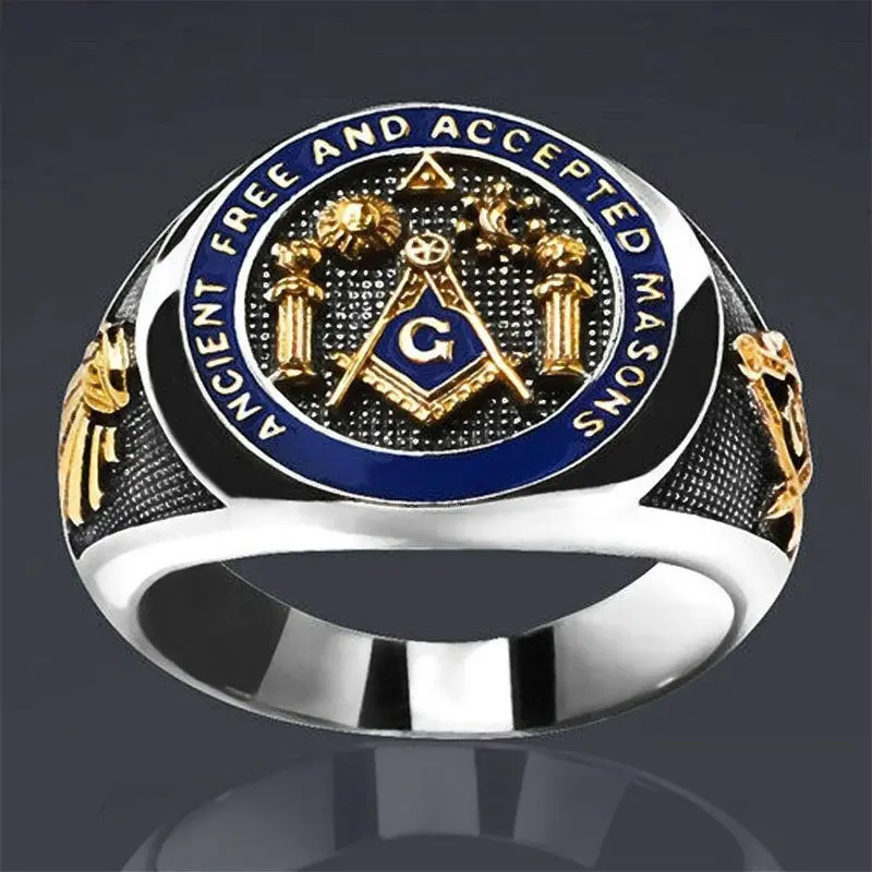 Men's Gold Plated Stainless Steel Chunky Masonic Ring - 20mm Avant-Garde Engraved Masons Band with Blue Enamel, Party Costume Jewelry, Gold Plated Rings, Graduation, Thanksgiving, Chunky Jewelry, Fashion Statement Masonic Rings