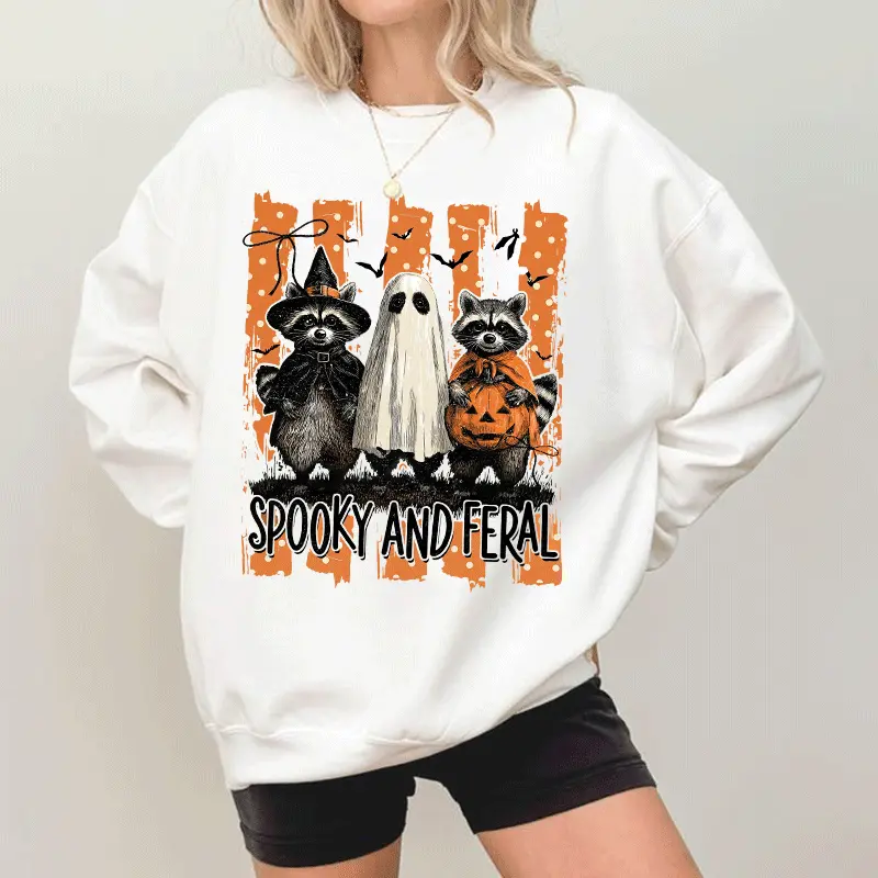 Women's Soft Round Neck Oversized Distressed Vertical Stripe Graphic Crewneck Sweatshirt - Spooky Feral Witch Ghost Pumpkin Bat Prints, Loose Fall Halloween Casual Long Sleeve Pullover, Everyday Streetwear Top, Hoodie, Lady