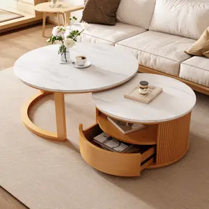 28.5" Nesting Coffee Table Set of 2, Vintage Round Coffee Table for Living Room with 2-Tier Storage and 1 Drawer White Marble Top End Side Table for Bedroom, Natural