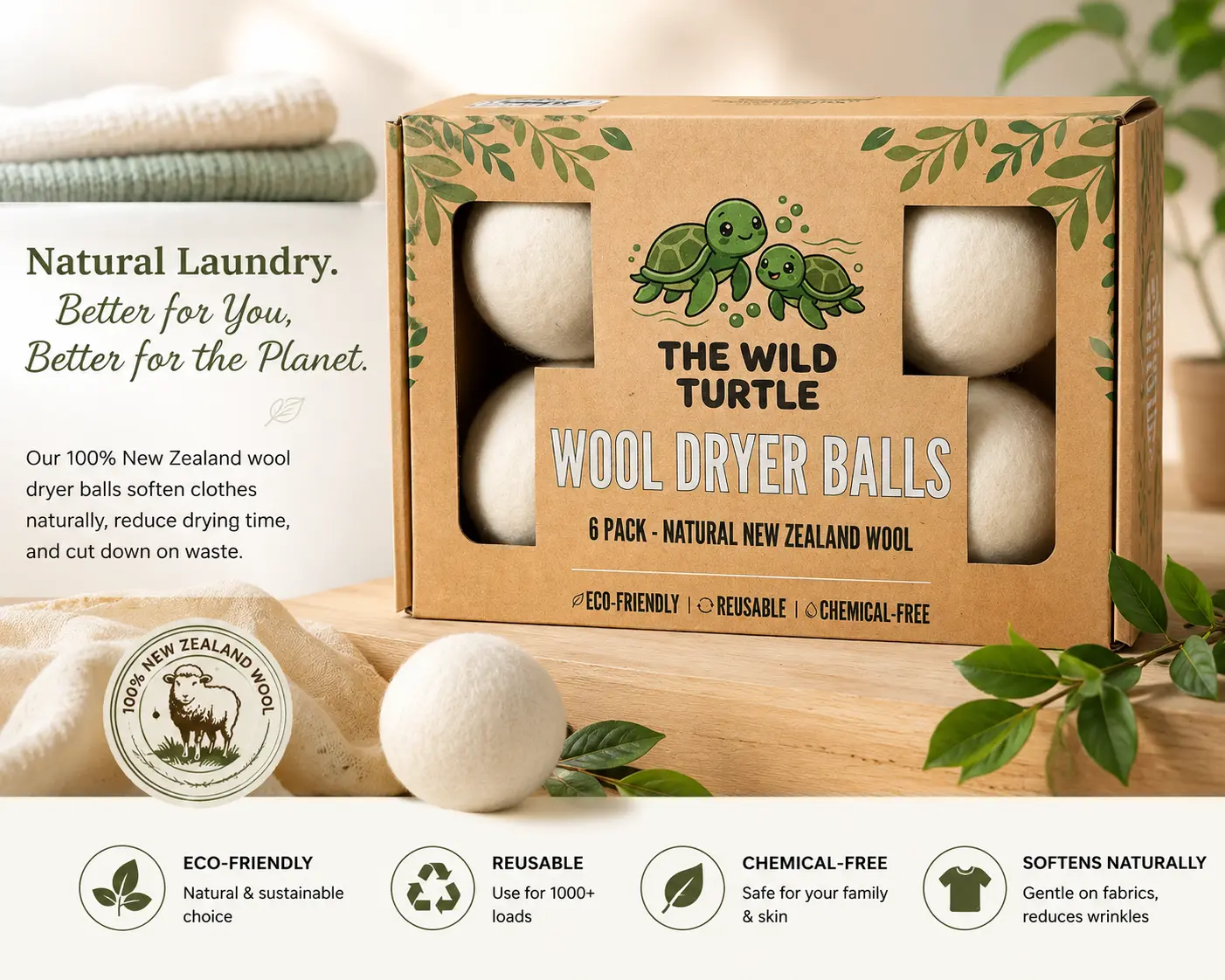 Wool Dryer Balls — Natural Fabric Softener, Dryer Sheet Replacement (6-Pack)