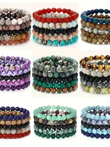 5PCS Semi-Precious Gemstone Bracelet - Healing Crystal Stone Beaded Bracelets for Women Men Round Beaded Stretch Bracelets Unisex Yoga Bracelets
