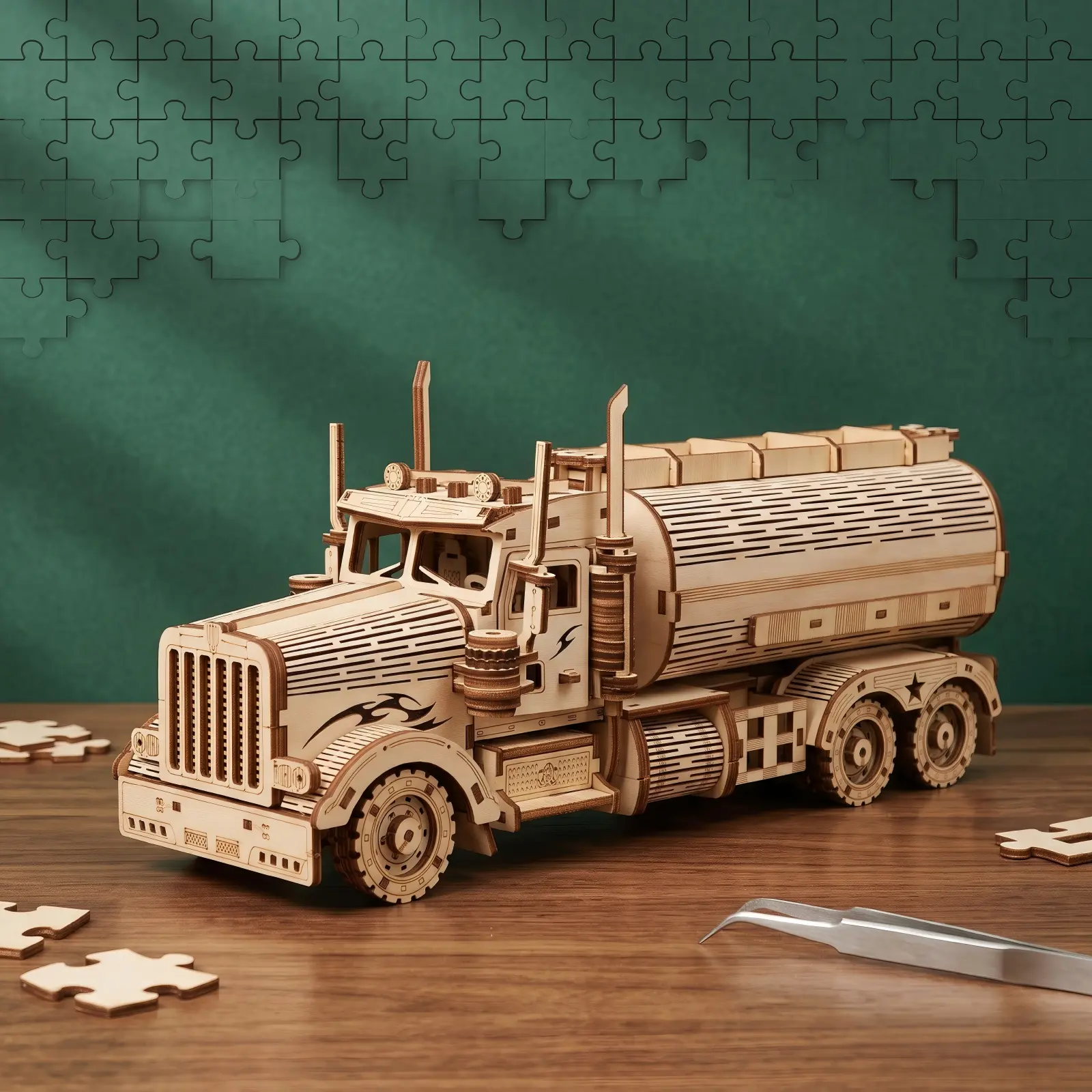 DIY 3D Wooden Tanker Truck Model Kit, 307-Piece Wood Puzzle Assembly Set for Adults, Detailed Vehicle Craft for Desk Display and Gift