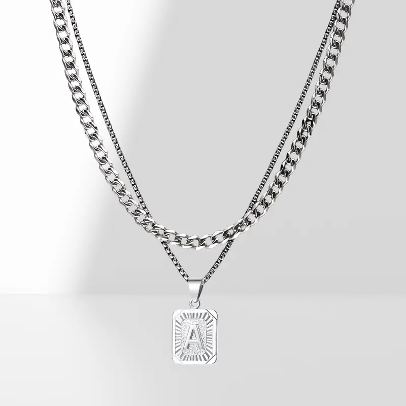 Layered Necklace A-Z Letters Silvery Charm Pendant Necklaces Square Capital Stainless Steel Letter Necklace Unisex Alphabet Jewely
