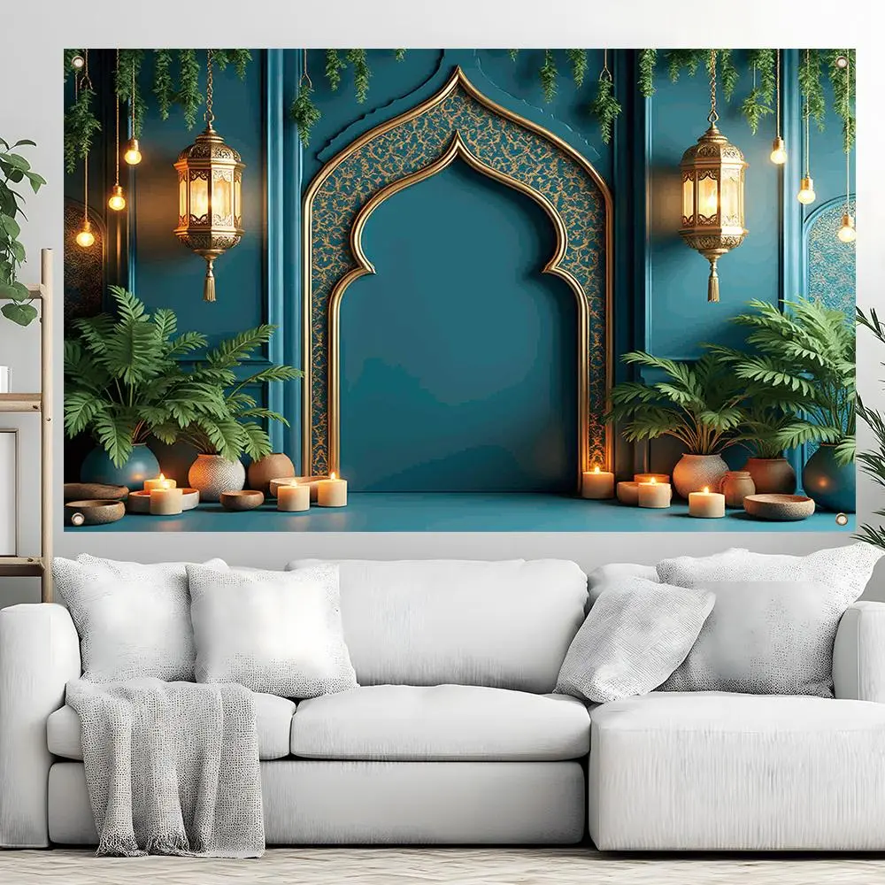 Ramadan Theme Backdrop, 1 Count Green Plant & Lantern Pattern Backdrop, Decorative Painting for Home Living Room Bedroom, Home Decor, Ornaments