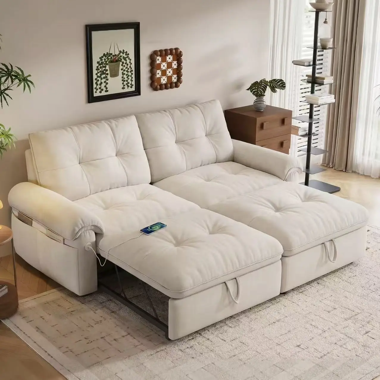 Queen Size 3-in-1 Convertible Velvet-Chenille Sleeper Sofa Bed - Multi-Angle Adjustable Backrest, Built-in USB Ports, Side Storage Pocket - Ideal for Small Spaces, Guest Bedroom, Chenille Couch, 4 Seats