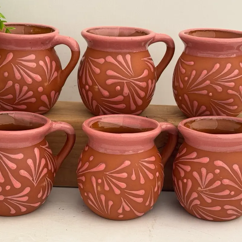 6-Piece Mexican Handmade Coffee Mugs Set - Pink Over Terracotta Clay, Washable Reusable Ceramic Drinkware, Reuse