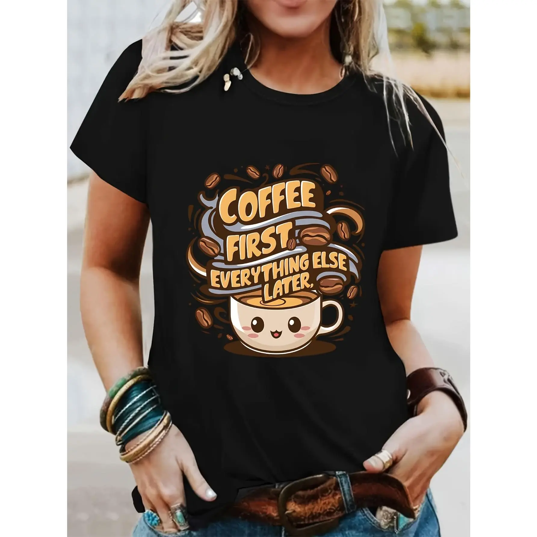 Lady's Graphic Print Short-Sleeve Crewneck T-Shirt - Light, Relaxed-Fit Everyday Piece in Comfy Spandex Blend, Top, Shortsleeve, Pullover, Simple, Polyester, Statement, Streetwear, Casual, Soft, Tshirt, Loose Fit