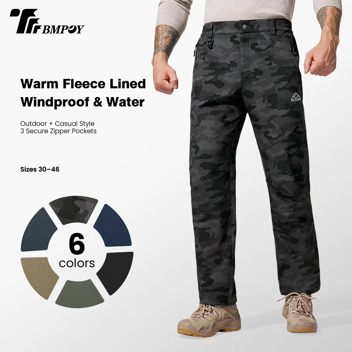 TBMPOY Men's Winter Hiking Pants Thermal Fleece Lined Snow Pants Water Resistant Outdoor Pants Stretch Work Pants Reinforced Knee Camouflage Trousers with Zipper Pockets for Ski Camping Fishing Hiking Size 30-46