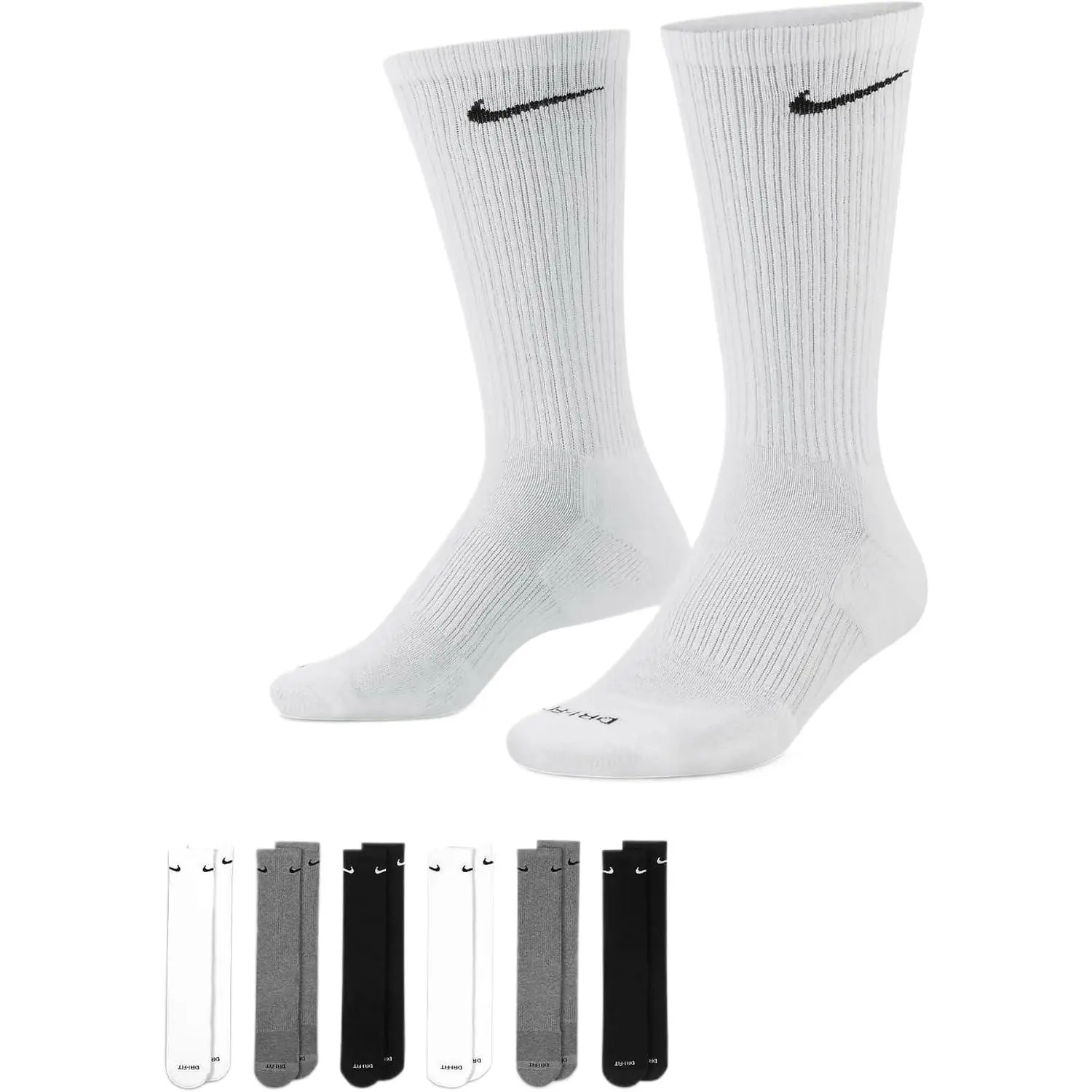Nike Men's Dri-Fit Crew Length Training Cotton Cushioned Socks (6 Pair), Machine Washable Running & Training Gear (SX6897-965)