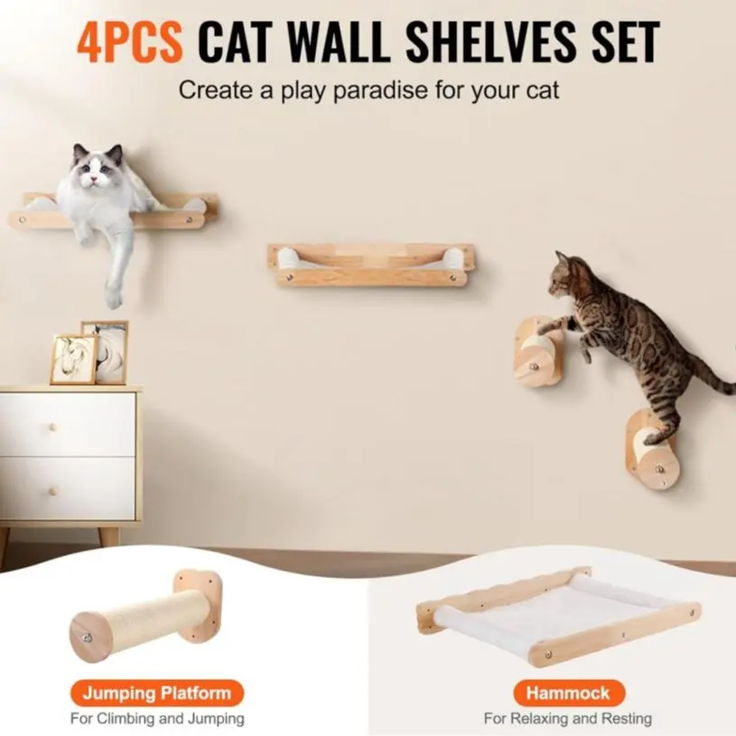Natural Odor-Free Wood Wall Mounted Cat Shelves Set of 4 - 2 Jump Posts, 2 Soft & Cozy Hammocks, Playground, Installation Guide, 40 lbs Capacity, Removable Washable Coral Fleece (Home Decor Hooks & Shelves)