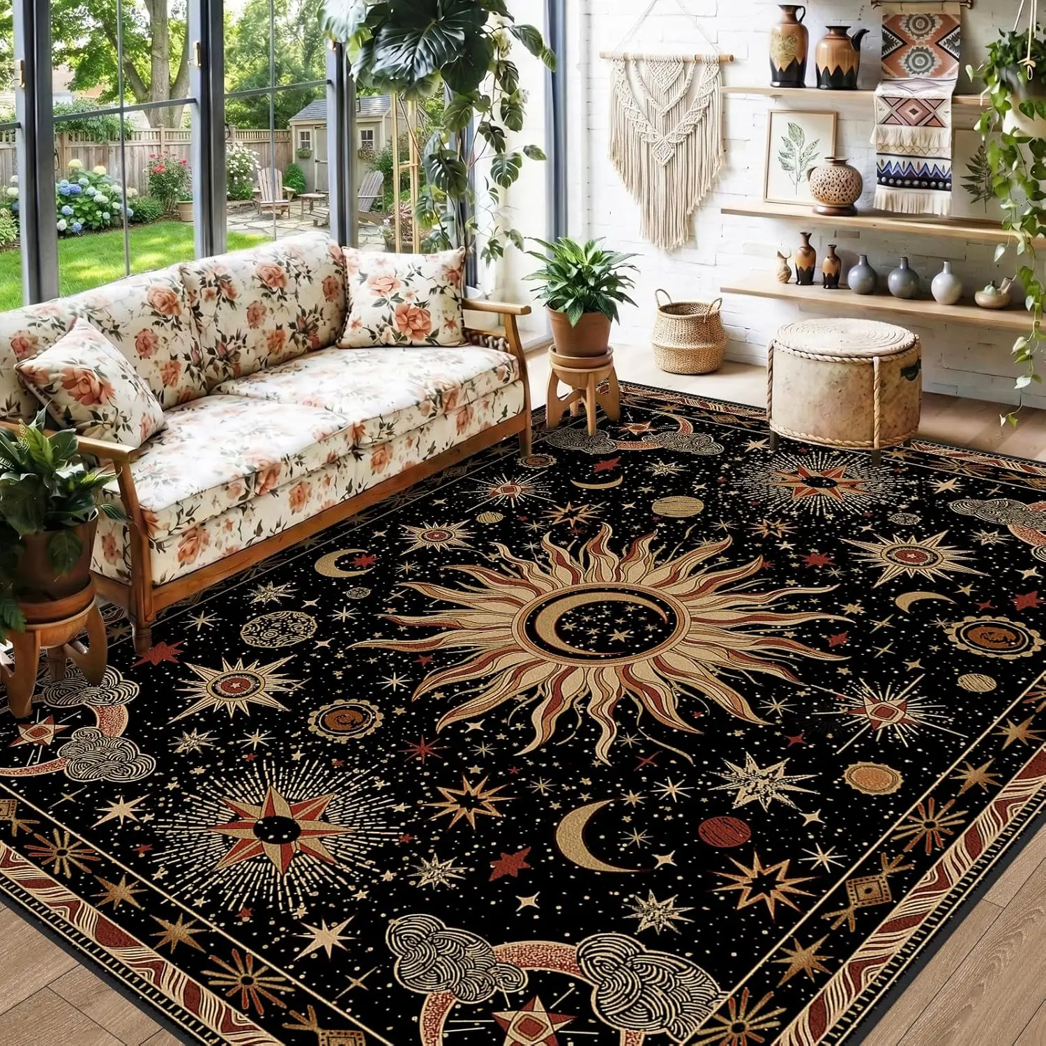 Meejou Back to Shcool Washable Area Rugs for Living Room, Dorm, Vacuum-Friendly Non-Slip Rug Halloween Gift Vintage Boho Gothic Celestial Sun and Moon Printed Pattern Low Pile Carpet for Living Room Bedroom Dining Room