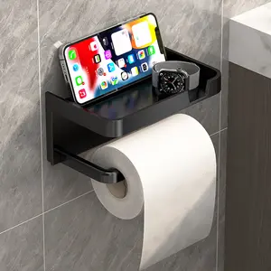 Self-Adhesive Plastic Paper Towel Holder with Perforated Drawer, Polished Surface, Dual-Purpose Bathroom Accessory for Tissues & Phone Storage, Bathroom Organizing Accessories