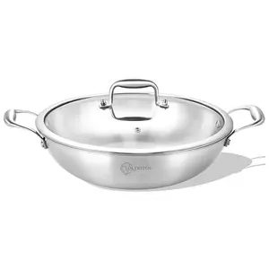 12 Inch Tri-Ply Stainless Steel Wok Pan with Lid,Deep Frying Pan,Saute Pan,Jumbo Cooker,Induction Wok(5 QT),Suit for All Stoves,Dishwasher and Oven Safe.(12-3/4-Inch)