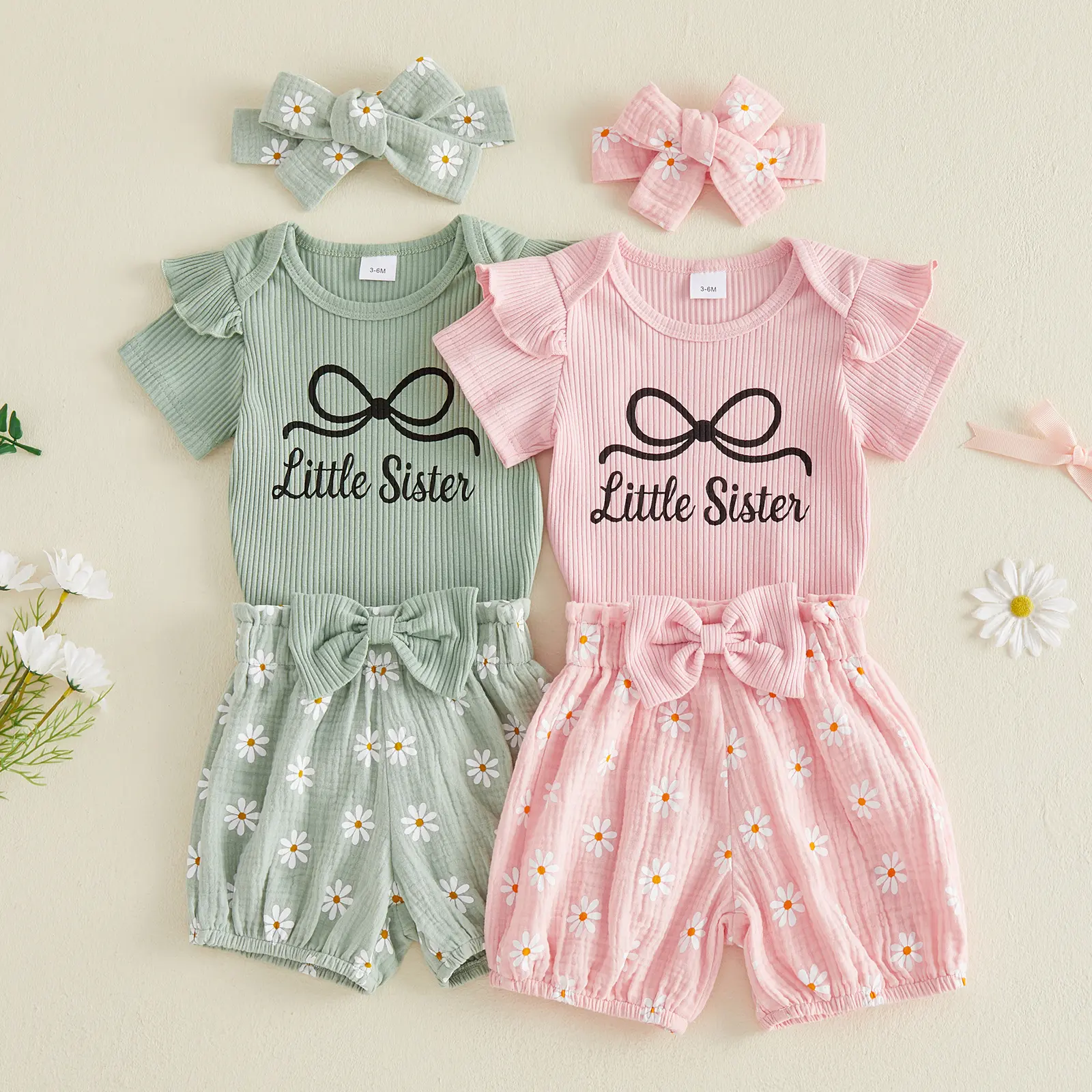 Canrulo Baby Girls Ruffle Short Sleeve Little Sister Embroidery Ribbed Romper and High Waist Daisy Shorts with Bowknot +  Headband 3Pcs Sisterly Outfits