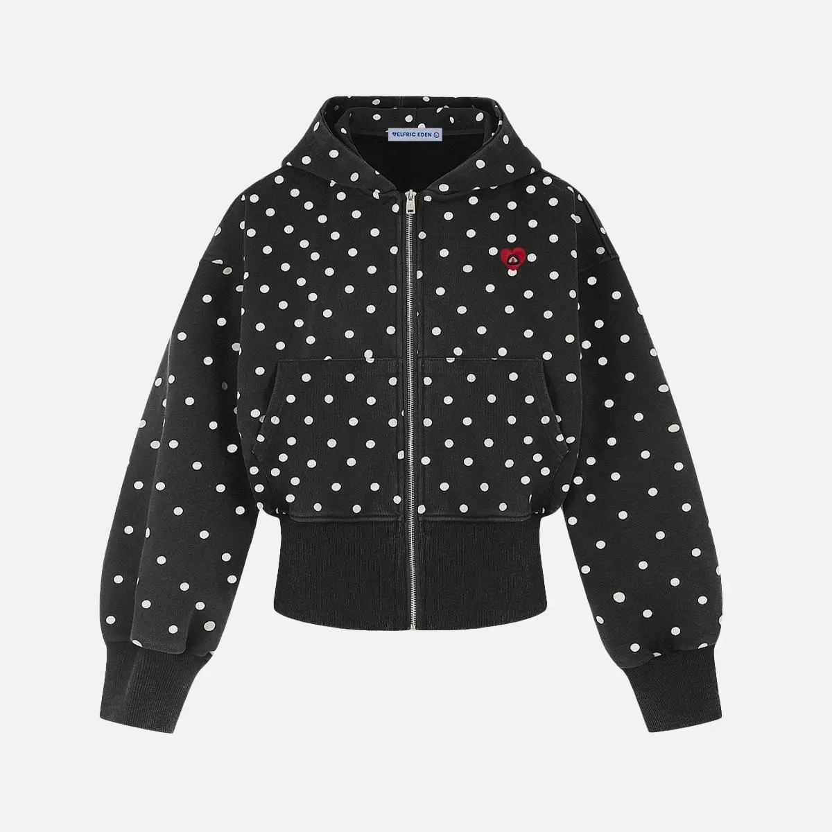 Aelfric Eden Polka Dot Heart Embroidered Cropped Zip Up Hoodie Black & White Polka Dot Print Relaxed Boxy Cropped Silhouette Heavyweight Soft Fabric Retro Sweet Streetwear Women Top,clothes for back to school,first day of school outfits