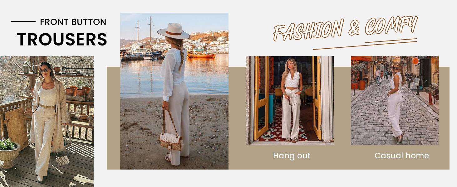 Tanming Women's High Waisted Wide Leg Linen Pants  Casual Button Up Cotton Trousers for Summer  Loose Comfy Beach Pants