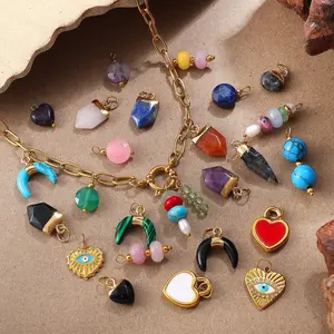 Boho Ocean Beach Natural Stone Heart Pendant, 18K Gold Plated Colorful DIY Charm, Vacation Aesthetic Jewelry Accessories