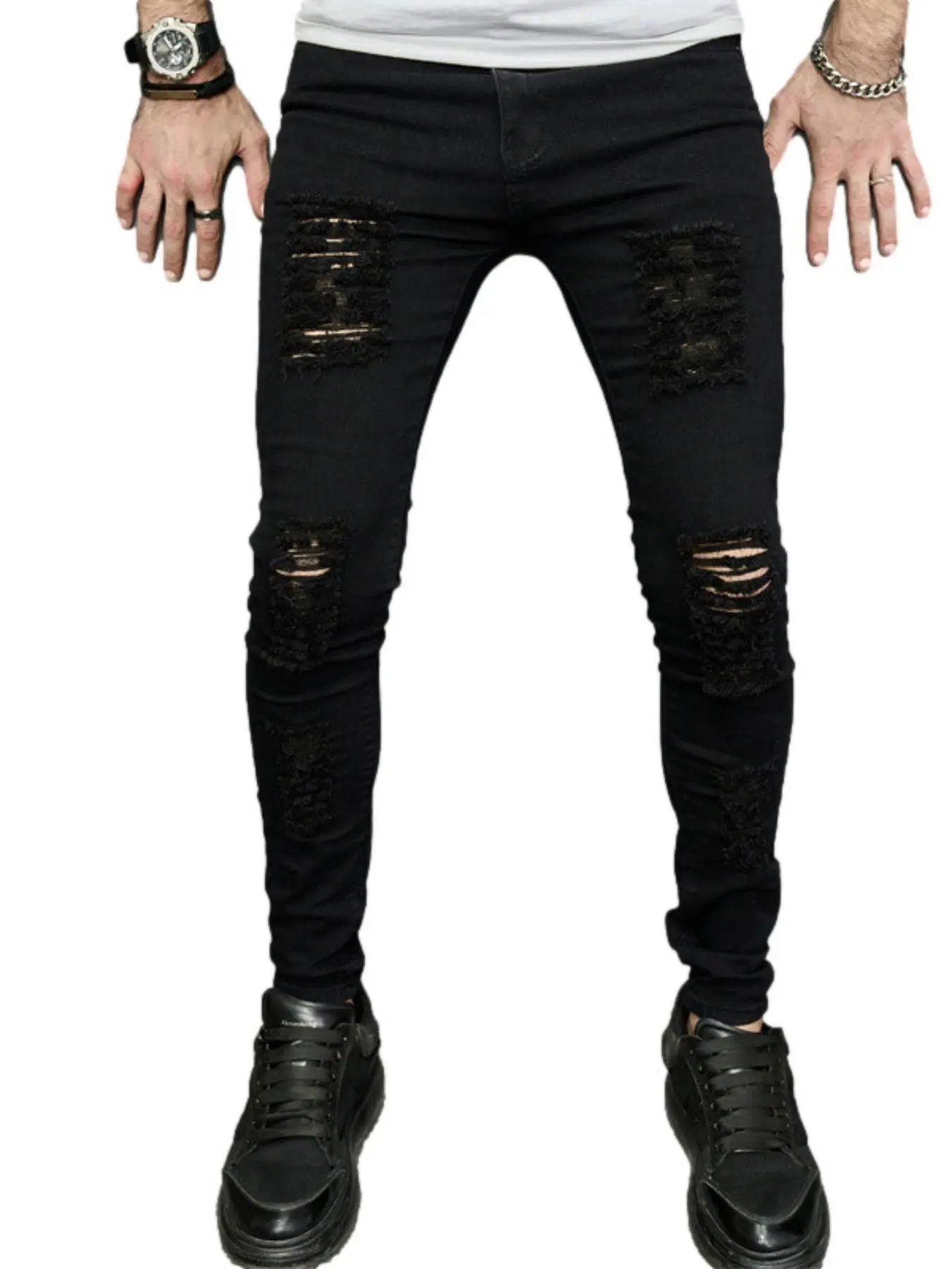 Men's Solid Ripped Slim Jeans, Fashion Casual Streetwear Distressed Comfy Denim Pants for Daily Outdoor Wear, Mens Bottoms for All Seasons