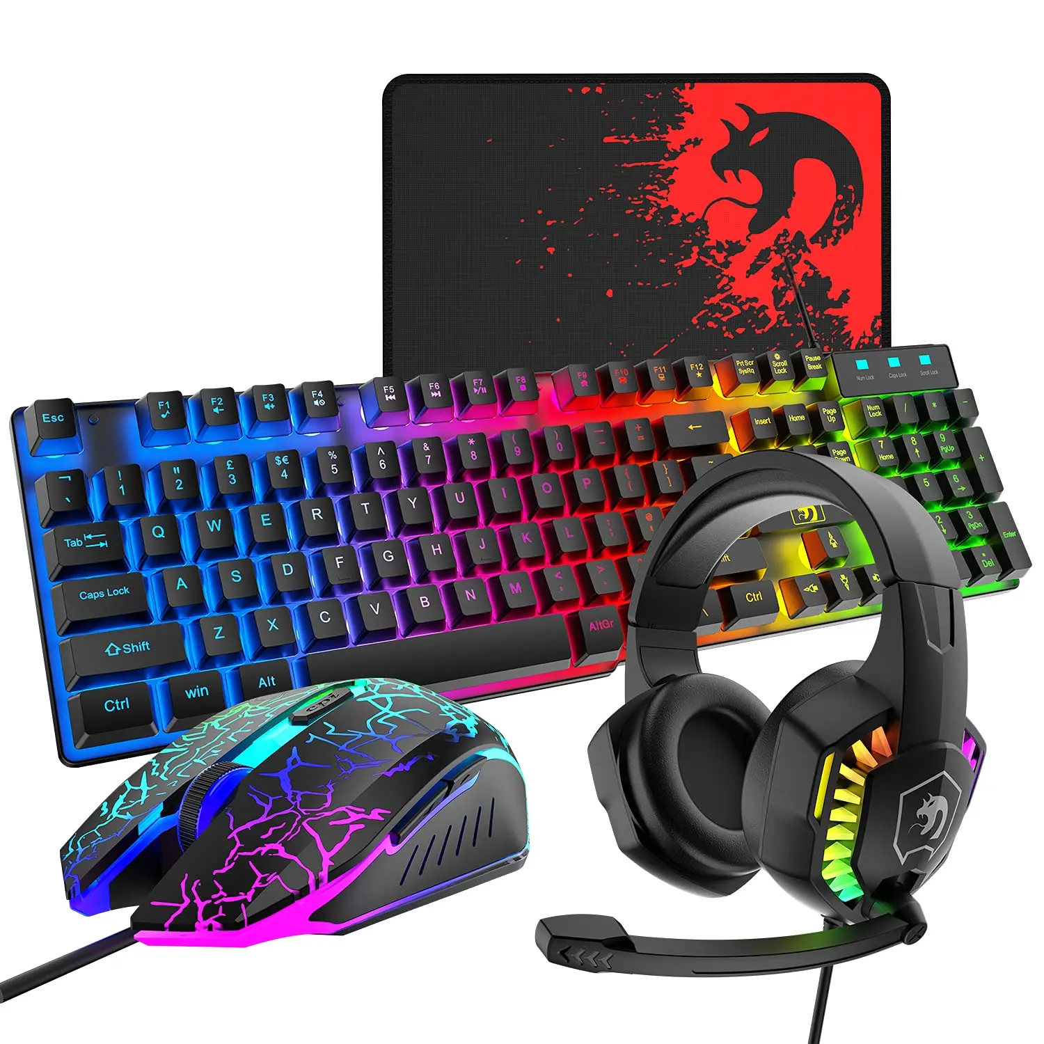 Wired Gaming Keyboard and Mouse Headset Combo,Rainbow LED Backlit Wired Keyboard,Over Ear Headphone with Mic,Rainbow Backlit Gaming Mice,Mouse Pad,Gaming Accessories,for PC,Laptop,Mac,PS4,Xbox,Wired Gaming Headphones