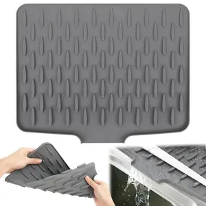 Countertop Slope Silicone Draining Mat, 12.6in*10in Silicone No-Spill & Non-Slip Sink Drainer Mat, Heat Resistant Draining Board/Tableware Mat Coasters for Kitchen Counter Sink, Grey