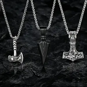 3-Piece Vintage Norse Necklace Set, Stainless Steel Axe & Thor's Hammer & Spear Pendant, Personality Domineering Men's Jewelry, Retro Engraved Chain for Streetwear,Domineering Personality Chain for European American Style