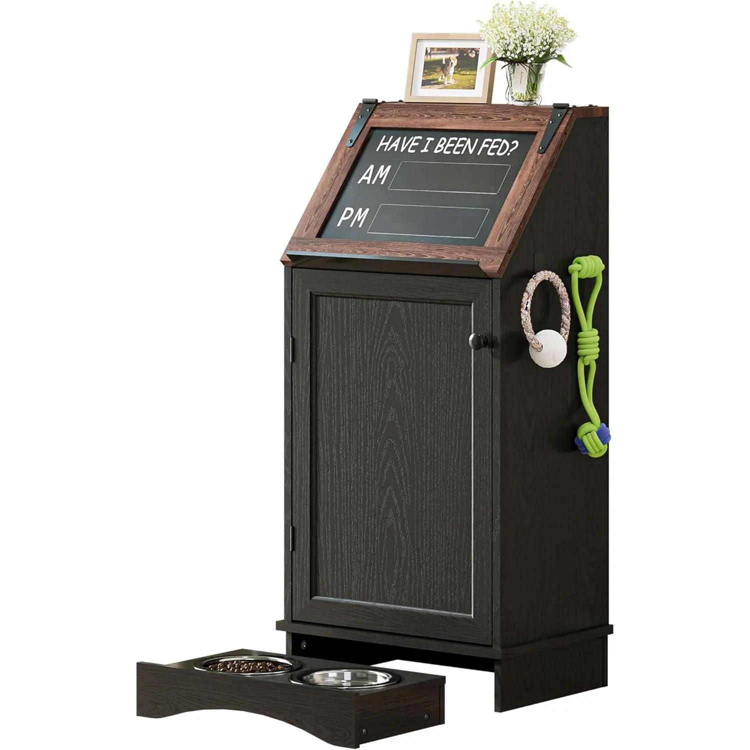 Black Grain Wood Dog Feeding Station with 2 Hidden Stainless Steel Bowls, Flip-Top Pet Food Cabinet and Storage Holder