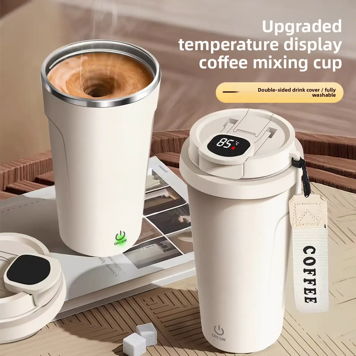 2026 New Heat-Insulating Plastic Travel Mug, USB Rechargeable Auto-Stirring Food-Grade BPA-Free Mug with Temperature Display, Leak-Proof Cute Cartoon Christmas Puffy Print, Portable Vacuum Sports Bottle for Outdoor Travel Car Use, Water Bottle, Portable S