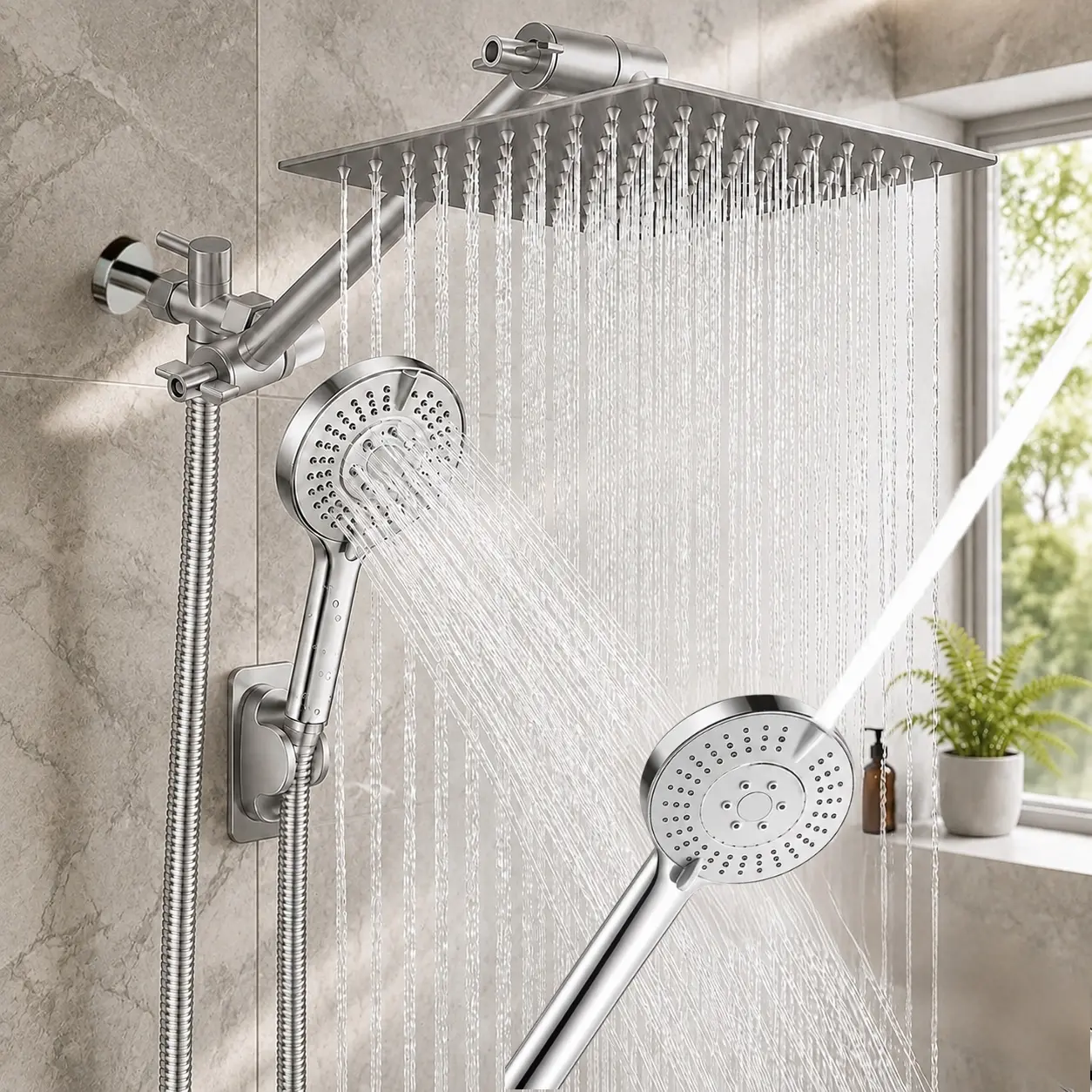 Shower Set, 8 inch Multifunction High Pressure Rain Shower Head with Handheld Spray Combo with 10.24'' Angle Adjustable Extension Arm，7 Modes High Pressure Hand Held Showerhead With Powerful Spray Gun Function